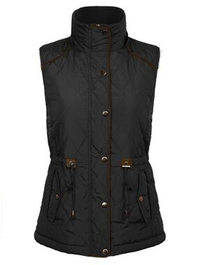 Love Tree Quilted Snap-Front Stand-Collar Vest - Black with Brown Trim